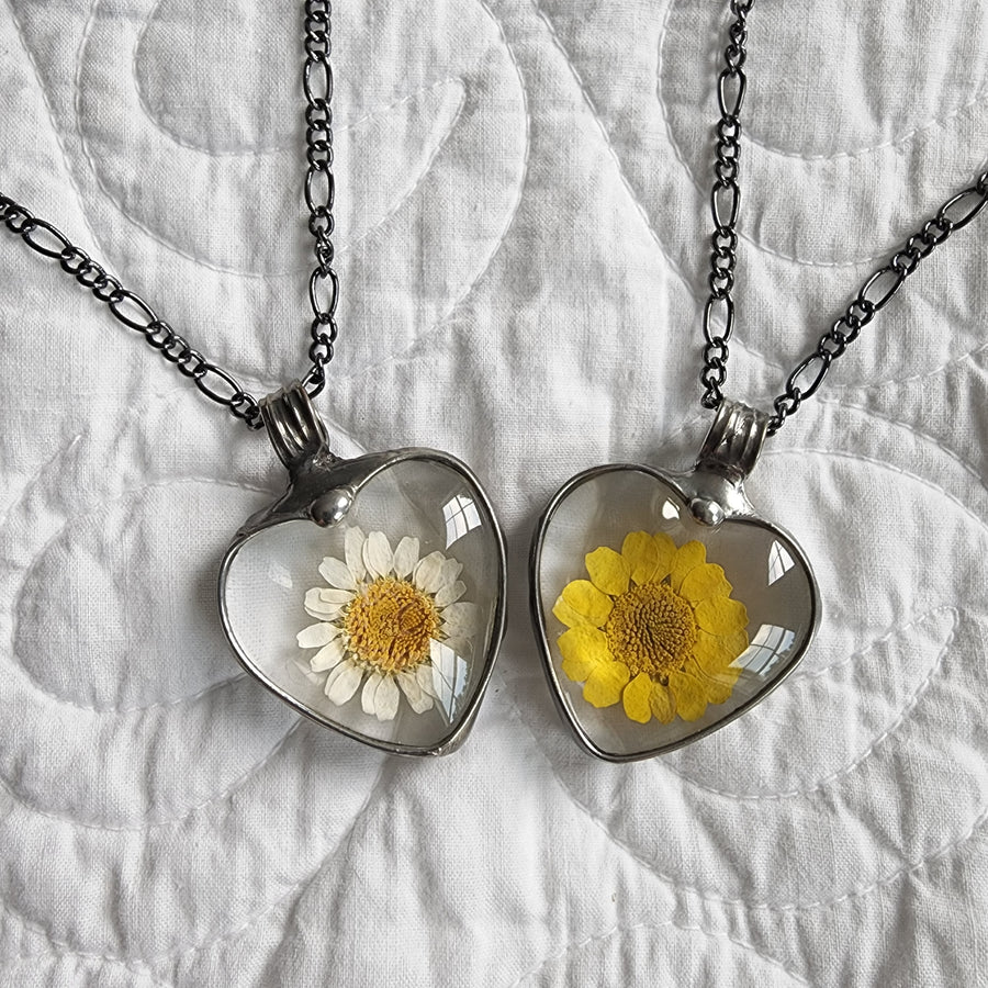 White Daisy Heart Pendant and Yellow Daisy Heart Pendant, Glass Heart Necklaces for Women