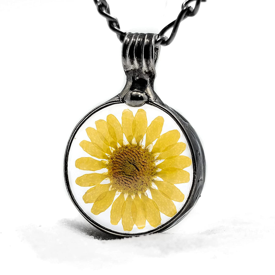 large yellow sunflower pendant dry pressed flower encased in glass necklace handmade by Louisiana Artisans at Bayou Glass Arts