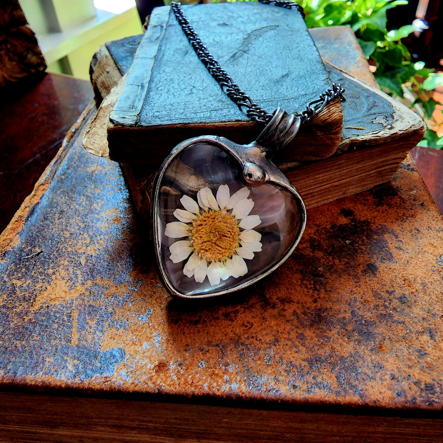 Daisy Heart Necklace in Gunmetal Finish. Pressed Flower Jewelry. Best Gift for Mom Daughter Wife. Truly Hand Made in USA by Louisiana Artisans at Bayou Glass Arts Studio.