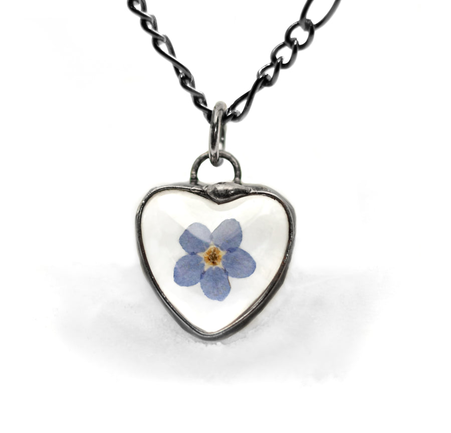 Forget me not heart pendant dainty with one bloom. Bezel is hand formed with copper and mixed silver solder by Louisiana Artisan. Hand made in USA. Mother daughter gift for mothers day.
