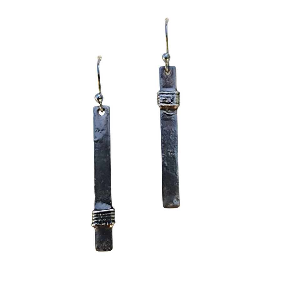 Mixed metal asymmetrical bar earrings, hand formed oxidized sterling silver ear wires, wire wrap in gunmetal. Best for everyday wear. Truly hand made in USA by Louisiana Artisans at Bayou Glass Arts Studio.