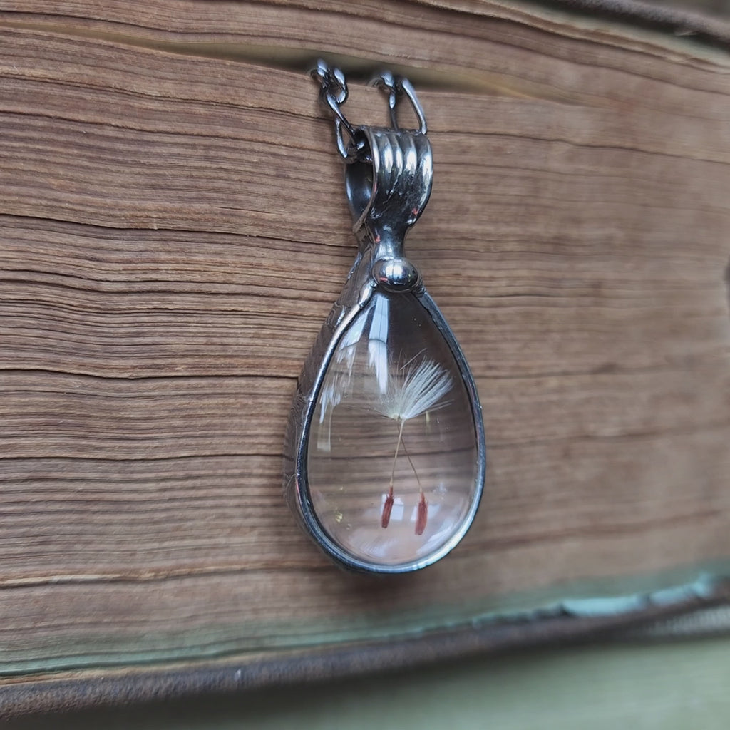 Dandelion Seed Pendant Necklace, tear drop shaped glass.  Truly hand made in USA by Louisiana Artisan.