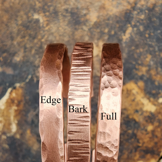  3 copper cuff bracelets, one of each. Full hand hammered, edge and bark. Each has a different look. Truly Hand made in Louisiana USA at Bayou Glass Arts Studio.