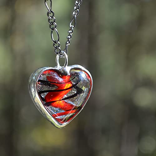 Handmade Red and Black Swirls on Clear glass puffy heart pendant