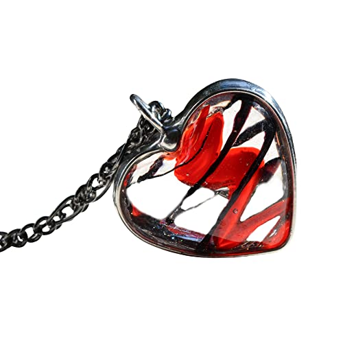Red and Black swirl on clear heart lamp work Pendant Necklace Handmade by Louisiana Artisans at Bayou Glass Arts in USA