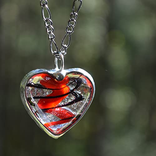 Red and Black swirl glass heart pendant Handmade by Louisiana Artisans at Bayou Glass Arts in USA