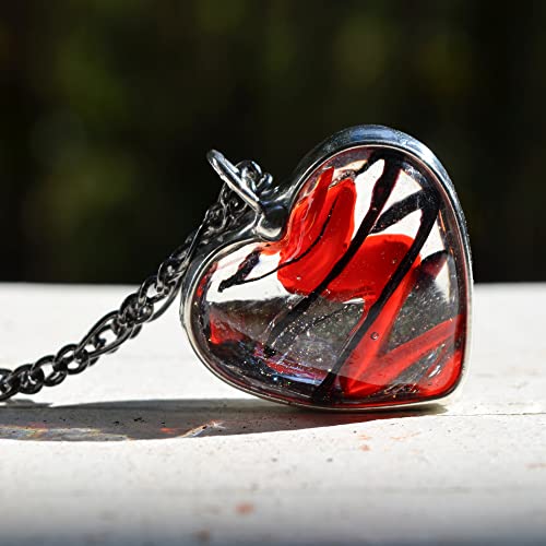 Clear Puffy Heart Pendant with Red and Black Swirl glass lamp work
