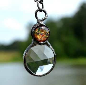 Handmade Kaleidoscope Pendant Necklace with multicolored opal inset. Jewelry Designed and Created by Louisiana Artisans at Bayou Glass Arts in USA