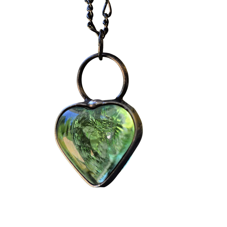 Chunky green glass heart pendant, Bayou Glass Arts Jewelry, Extra long over the head necklace