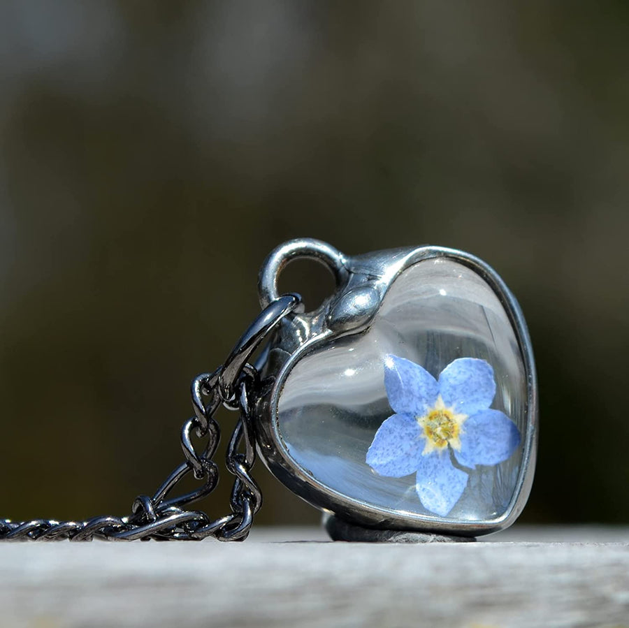 Blue Forget Me Not in Glass Heart Pendant. Dainty sized great for small woman or teen or tween. Hand Made at Bayou Glass Arts at the bayou in Louisiana USA.