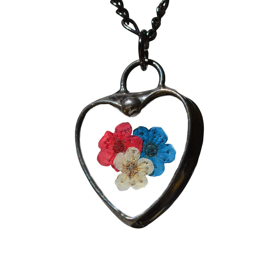Handmade Red White and Blue Pressed Flower Heart Pendant Necklace. Truly Handmade in USA by Louisiana Artisan at Bayou Glass Arts Studio. Forget Me Nots