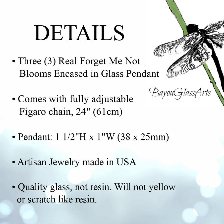 Graphic showing details of the 3 Bloom Forget Me Not Pendant Necklace. Truly Hand Made in USA by Louisiana Artisan at Bayou Glass Arts Studio