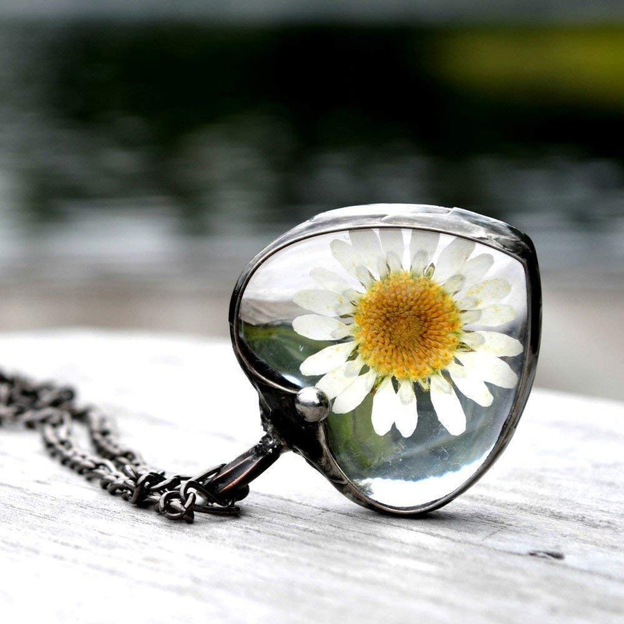 White Daisy in Heart shaped glass pendant, truly hand made in USA by Louisiana Artisan at Bayou Glass Arts Studio