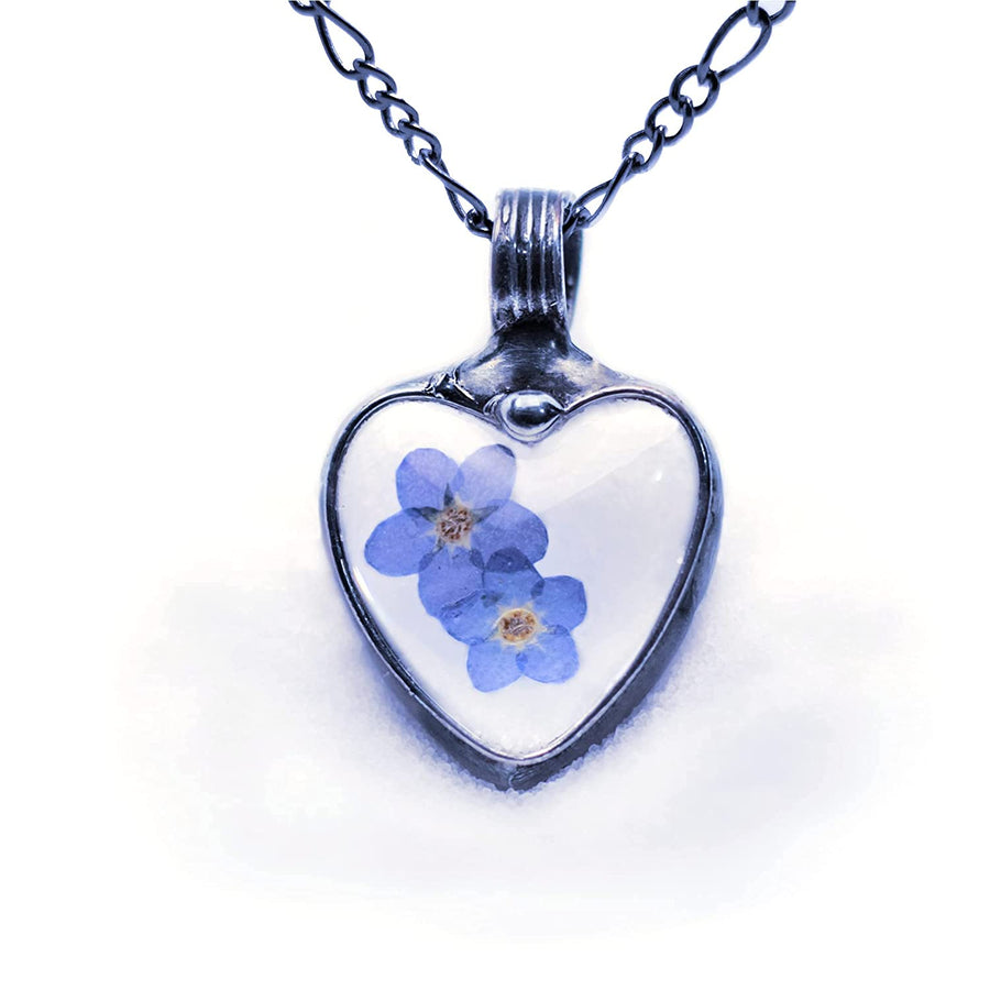 Forget me not heart pendant with 2 blooms. Bezel is hand formed with copper and mixed silver solder by Louisiana Artisan. Hand made in USA. Mother daughter gift for mothers day.