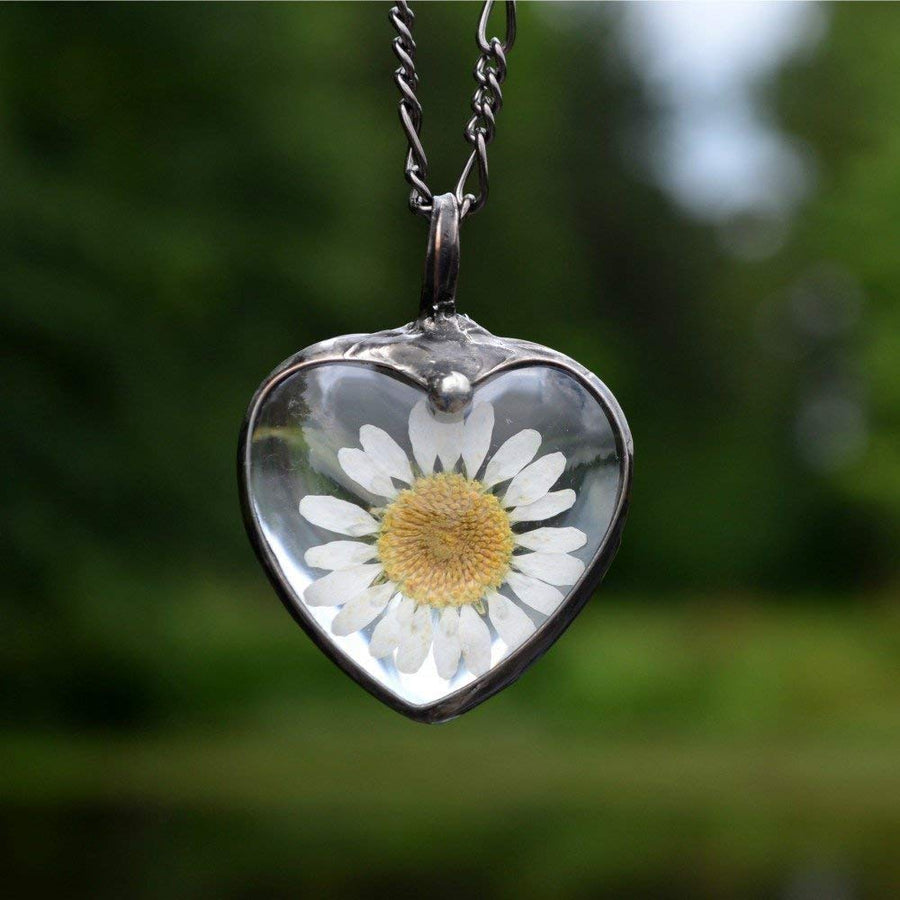 White and Yellow Daisy Heart Pendant Truly Hand Made in USA by Louisiana Artisan at Bayou Glass Arts Studio.