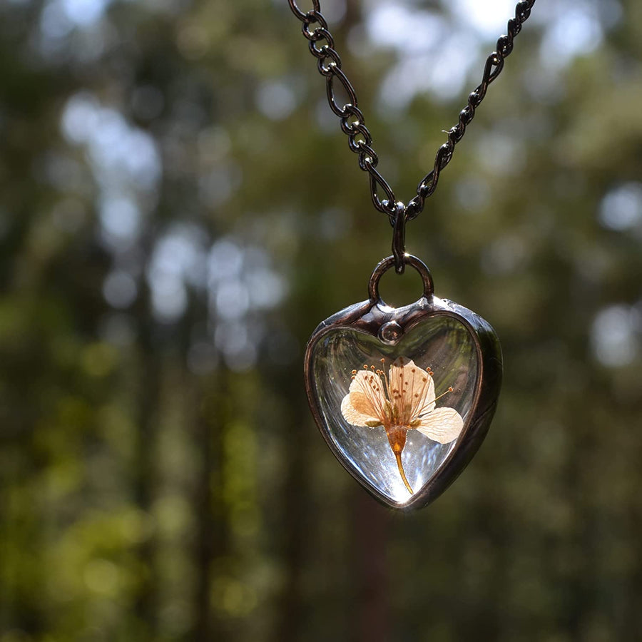 Wild Plum Bloom Heart Pendant encased in Glass
