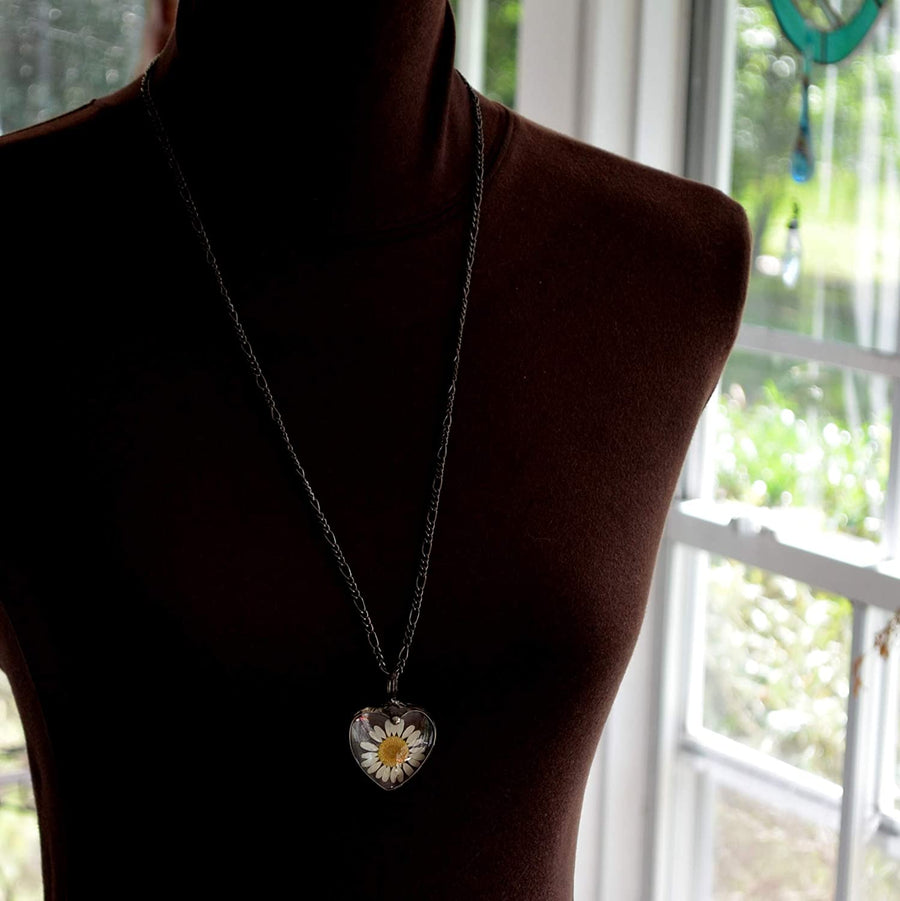 Bust showing length of 36 inch chain for Daisy Heart Necklace.  Jewelry is Truly Hand Made in USA by Louisiana Artisans at Bayou Glass Arts Studio. 