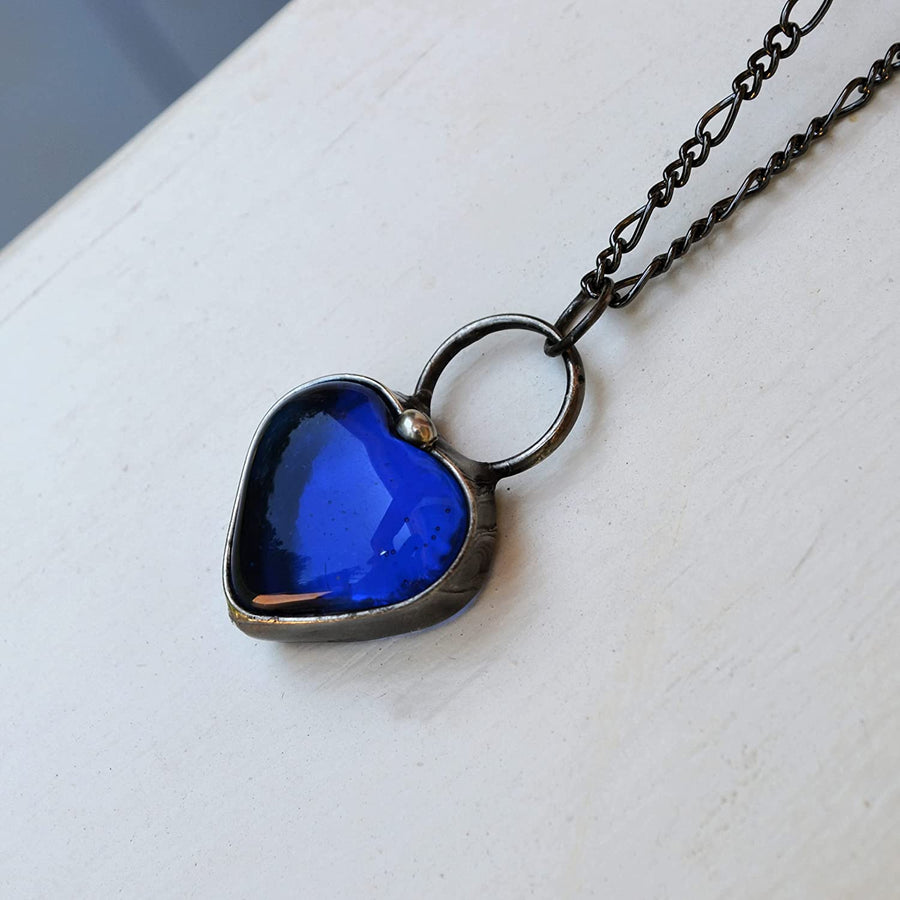 Royal Blue Chunky heart pendant, thick glass blue heart necklace. High Quality fully adjustable figaro chain. 