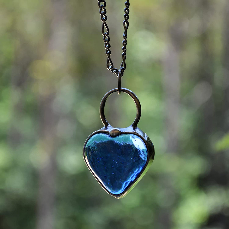 Blue Heart Pendant, thick and chunky, clear, azure, weighted. Comes with High Quality plated fully adjustable figaro chain. 