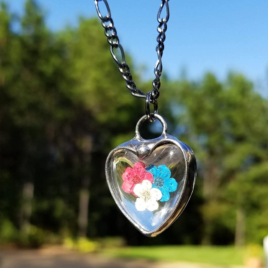 Handmade Red White and Blue Pressed Flower Heart Pendant Necklace. Truly Handmade in USA by Louisiana Artisan at Bayou Glass Arts Studio. Forget Me Nots