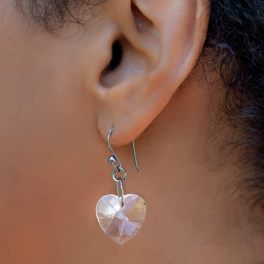 Crystal Heart Earrings Truly Hand Made in USA by Louisiana Artisans at Bayou Glass Arts Studio. Sterling Silver Earwires  and components. Crystal