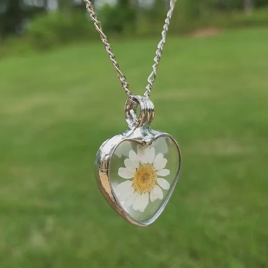 White Daisy Heart Pendant with Shiny Silver Finish and Chain. Truly Hand Made in USA by Artisans at Bayou Glass Arts in Louisiana. 