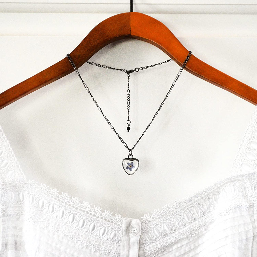 Tiny Blue Forget Me Not Heart Charm Necklace - Handmade Glass Pendant Jewelry with real pressed flowers encased inside. Best gift for mother daughter teen tween woman girl