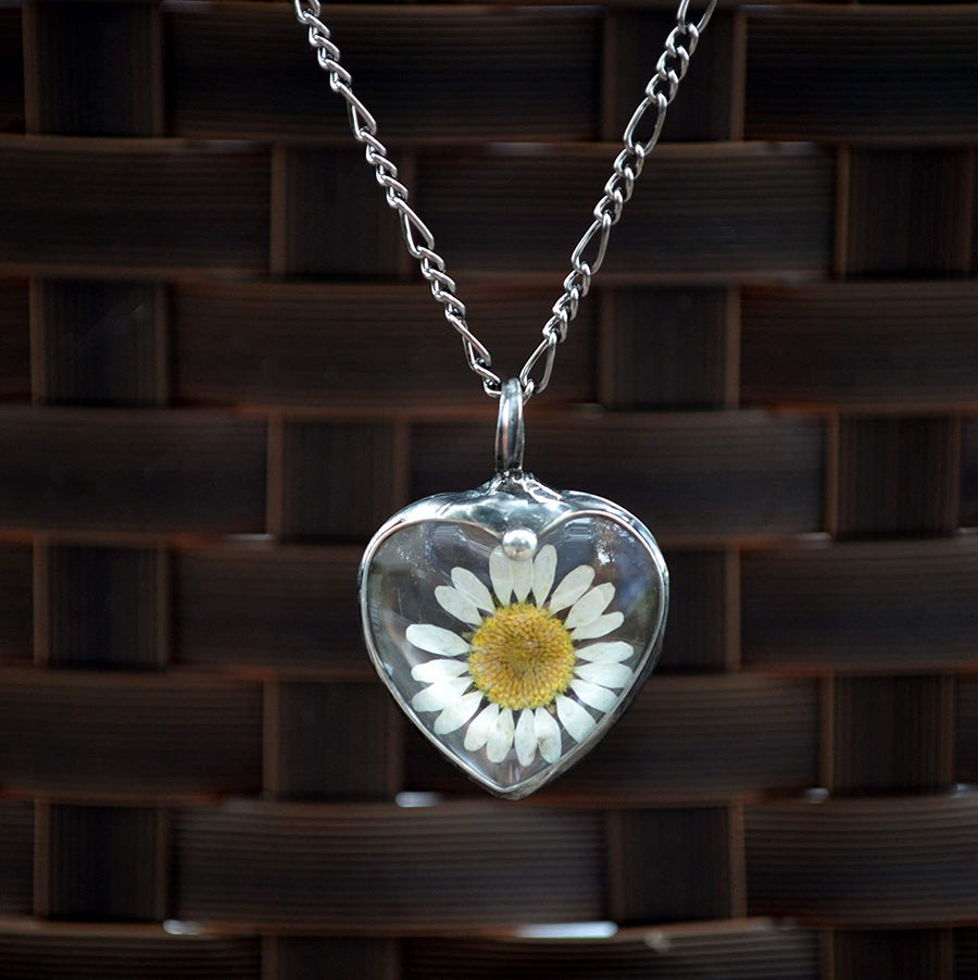 Pressed Flower Daisy Heart Pendant in Shiny Silver Finish. Truly Hand Made in USA by Louisiana Artisan at Bayou Glass Arts Studio. Greatest Gift for Women
