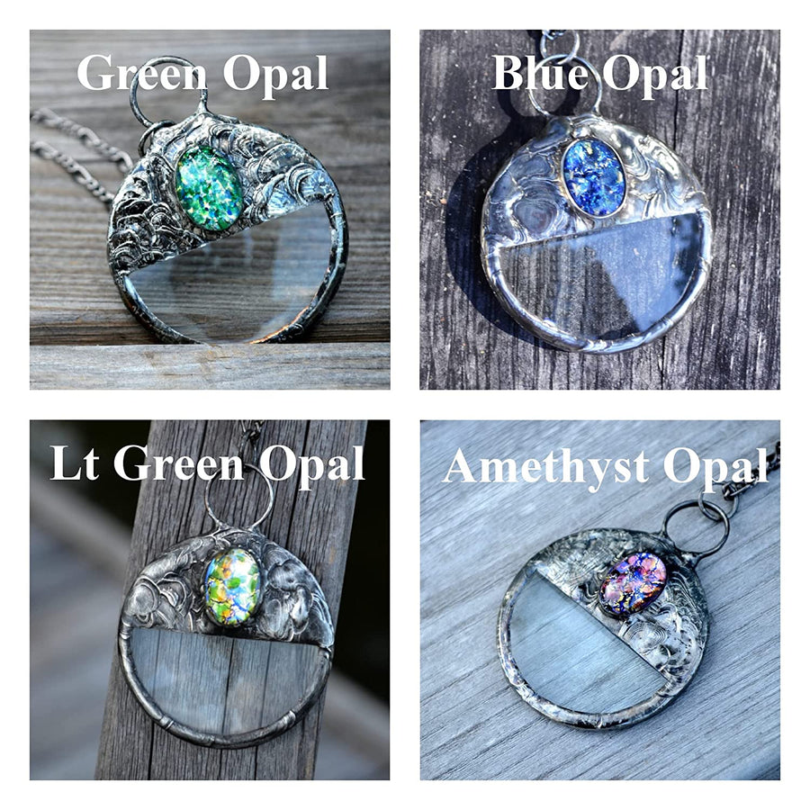 Collage of Magnifying glass pendant necklaces with different opal insets. Green, Blue, Light Green and Amethyst