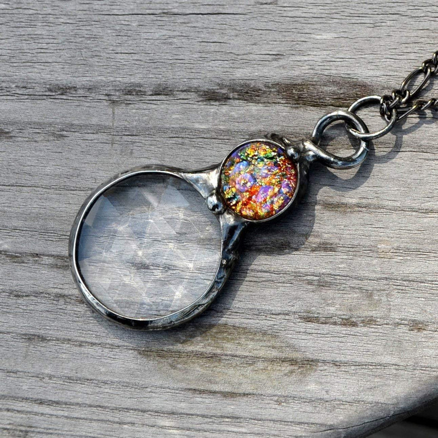 Handmade Kaleidoscope Pendant Necklace with multicolored opal inset. Jewelry Designed and Created in USA at Bayou Glass Arts
