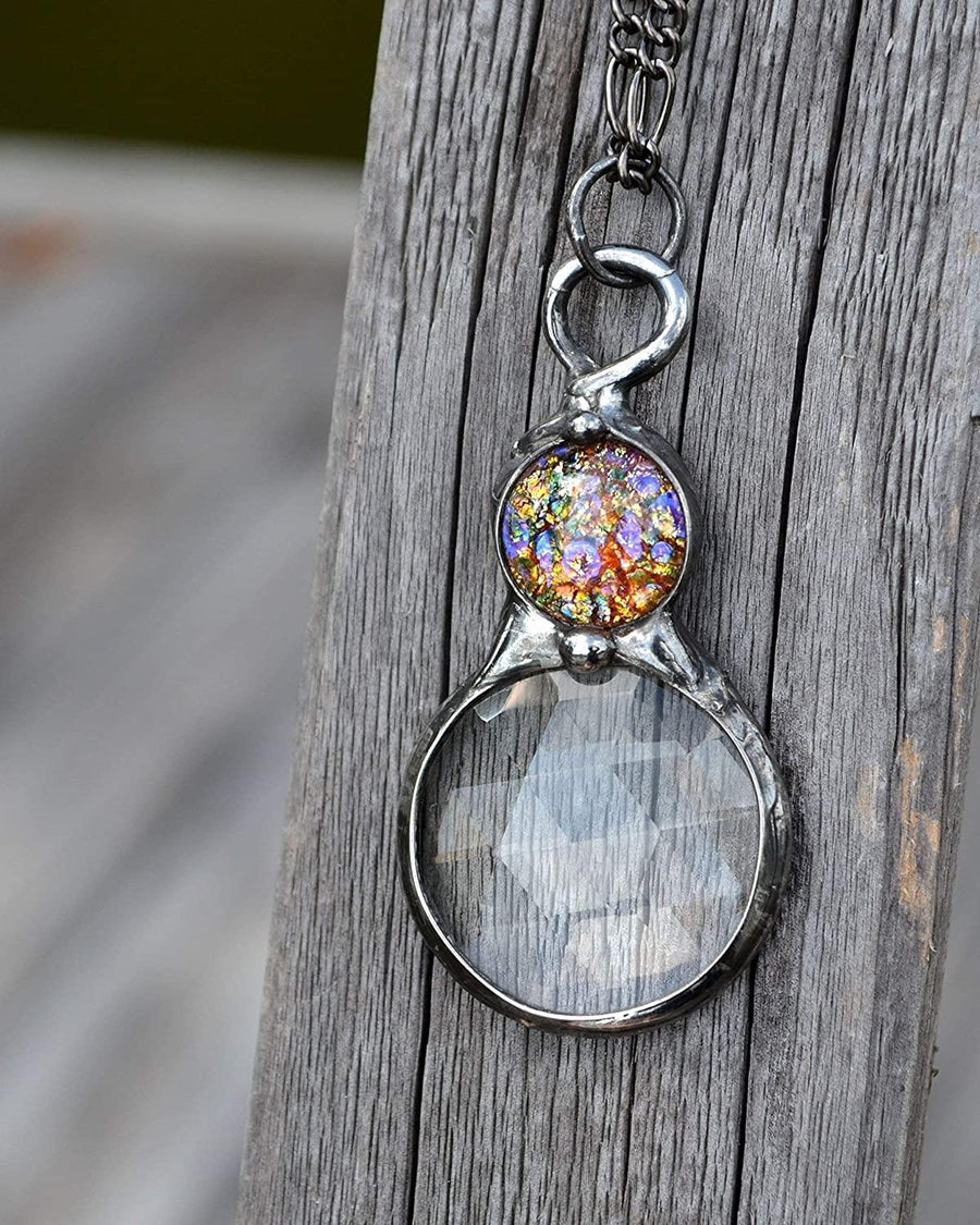 Handmade Prism Kaleidoscope Pendant Necklace Monoclewith multicolored opal inset. Jewelry Designed and Created in USA 