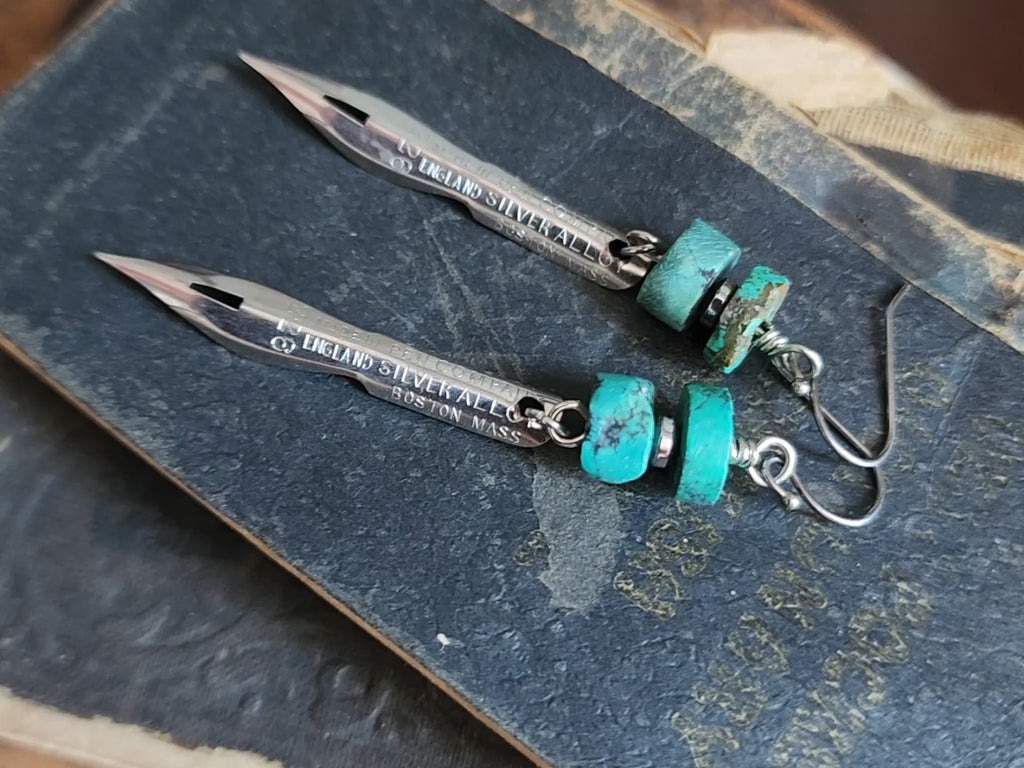 Real Turquoise beads atop new old antique pen nibs with sterling silver ear wires. Hand Made in USA by Louisiana Artisan at Bayou Glass Arts Studio. 