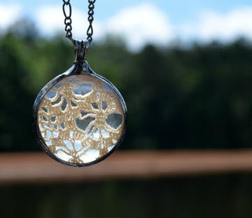Vintage croceted doily in Glass Pendant. Great for bridesmaids bride gift for 13th wedding anniversary. Truly Hand Made in USA by Louisiana Artisans at Bayou Glass Arts Studio.
