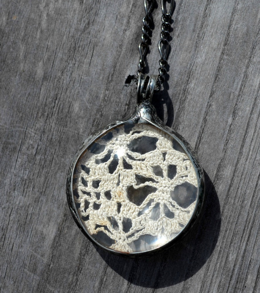 Vintage croceted doily in Glass Pendant. Great for bridesmaids bride gift for 13th wedding anniversary. Truly Hand Made in USA by Louisiana Artisans at Bayou Glass Arts Studio.