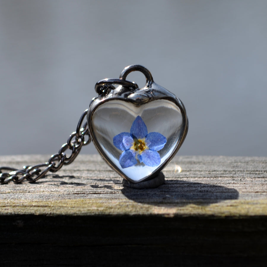 Dainty forget me not heart charm pendant necklace. Truly hand made in USA by Louisiana Artisan at Bayou Glass Arts Studio.