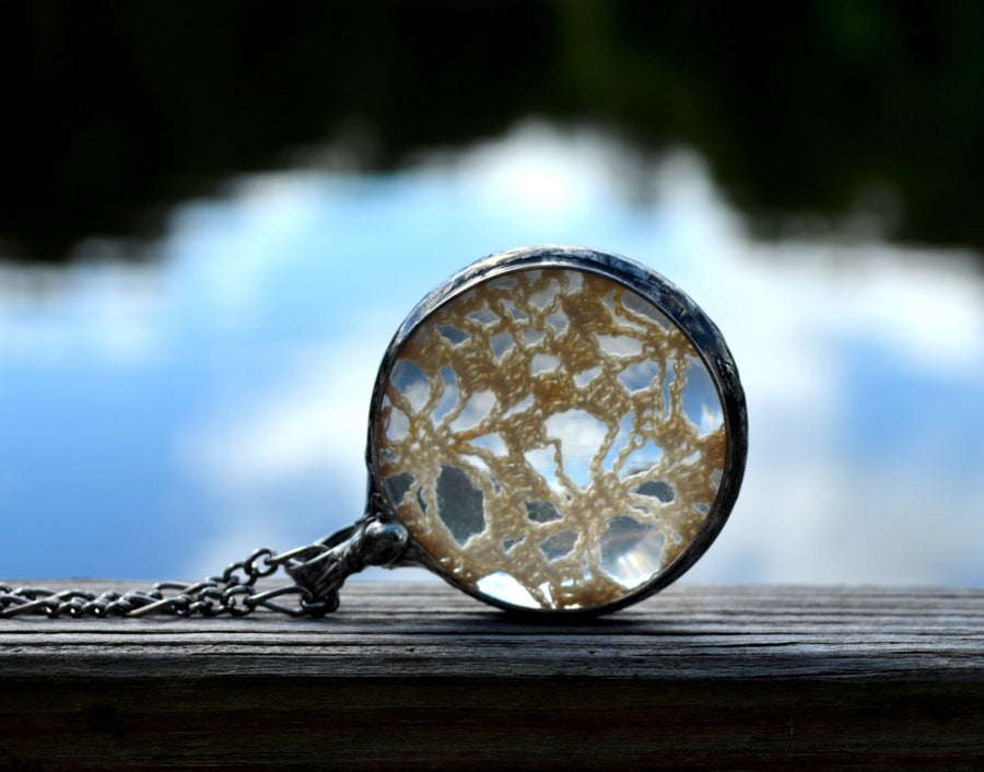 Vintage croceted doily in Glass Pendant. Great for bridesmaids bride gift for 13th wedding anniversary. Truly Hand Made in USA by Louisiana Artisans at Bayou Glass Arts Studio.