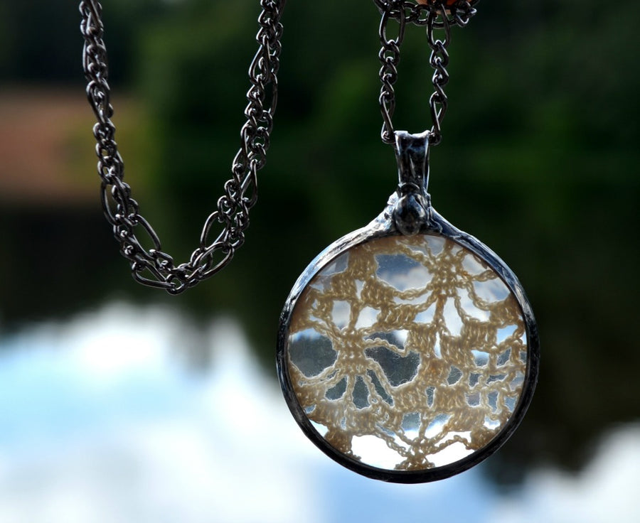 Vintage croceted doily in Glass Pendant. Great for bridesmaids bride gift for 13th wedding anniversary. Truly Hand Made in USA by Louisiana Artisans at Bayou Glass Arts Studio.