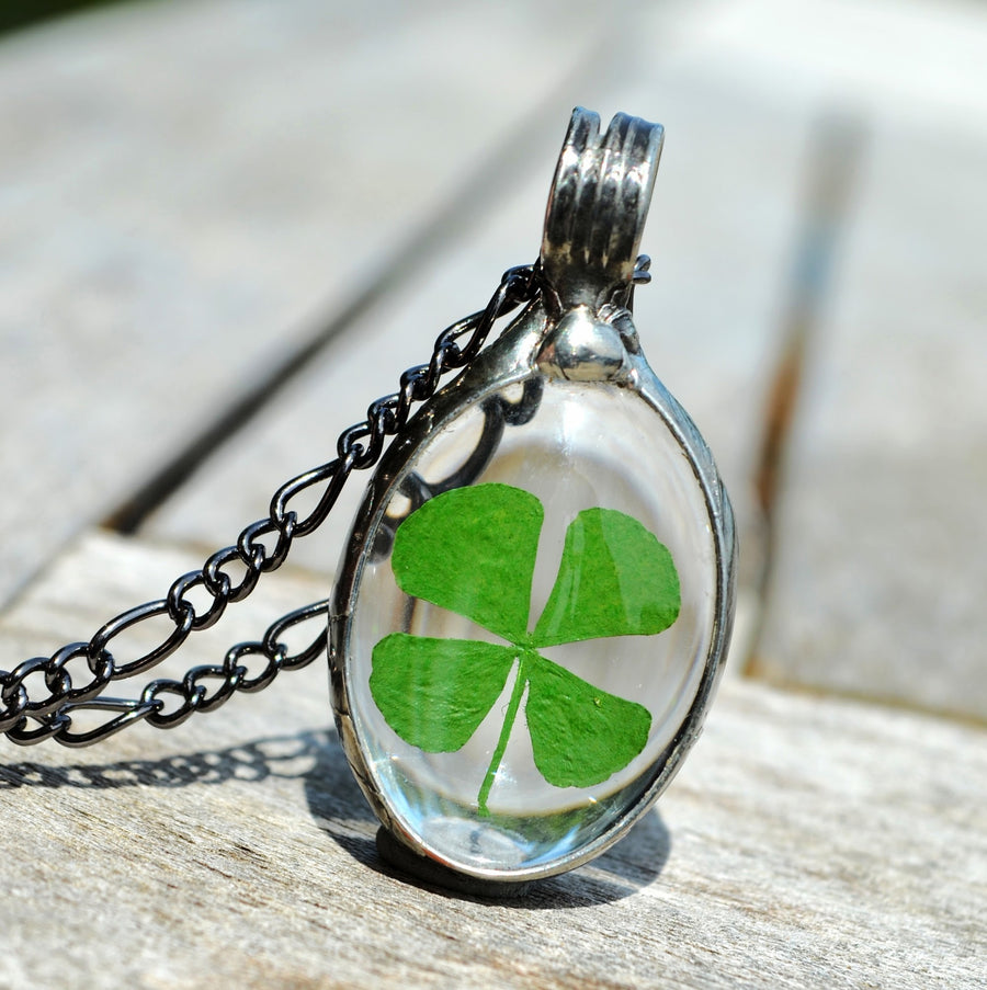 Handmade 4 Leaf Clover Necklace | Bayou Glass Arts 22 inch Fully Adjustable Figaro Chain / Shiny Silver