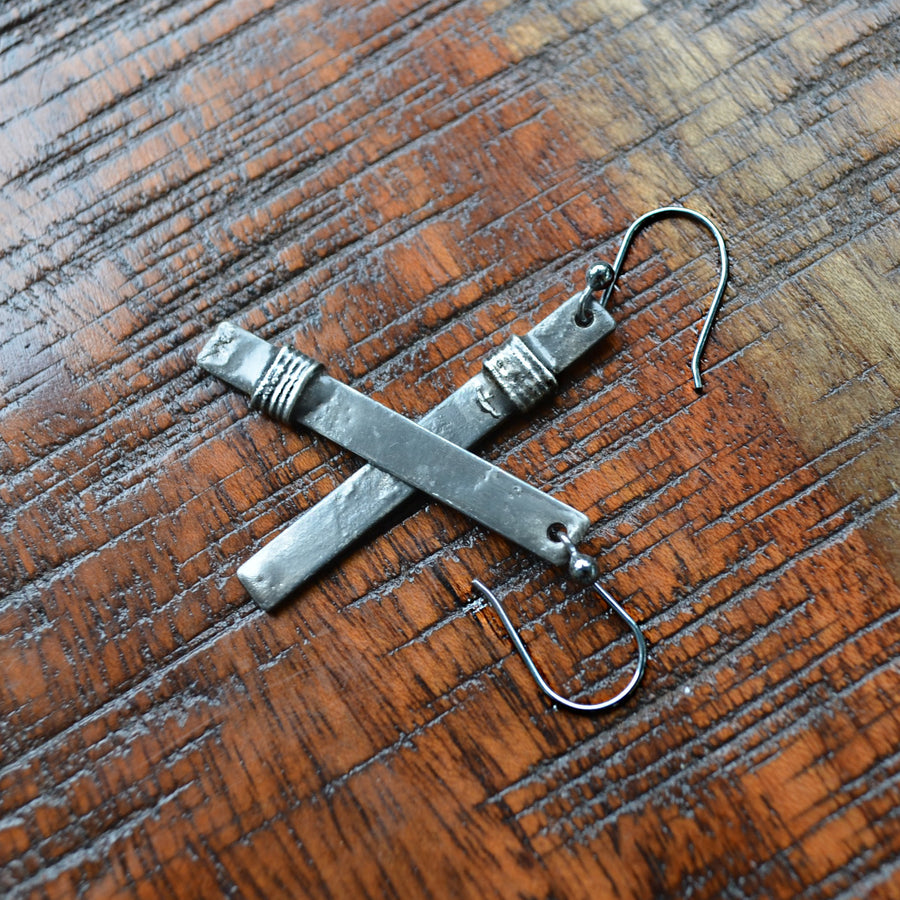 Mixed metal asymmetrical bar earrings, hand formed oxidized sterling silver ear wires, Wire Wrap with gunmetal shiny silver. Best for everyday wear. Truly hand made in USA by Louisiana Artisans at Bayou Glass Arts Studio.