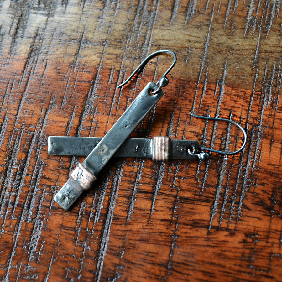 Mixed metal asymmetrical bar earrings, hand formed oxidized sterling silver ear wires, Wire Wrap with copper, Best for everyday wear. Truly hand made in USA by Louisiana Artisans at Bayou Glass Arts Studio.