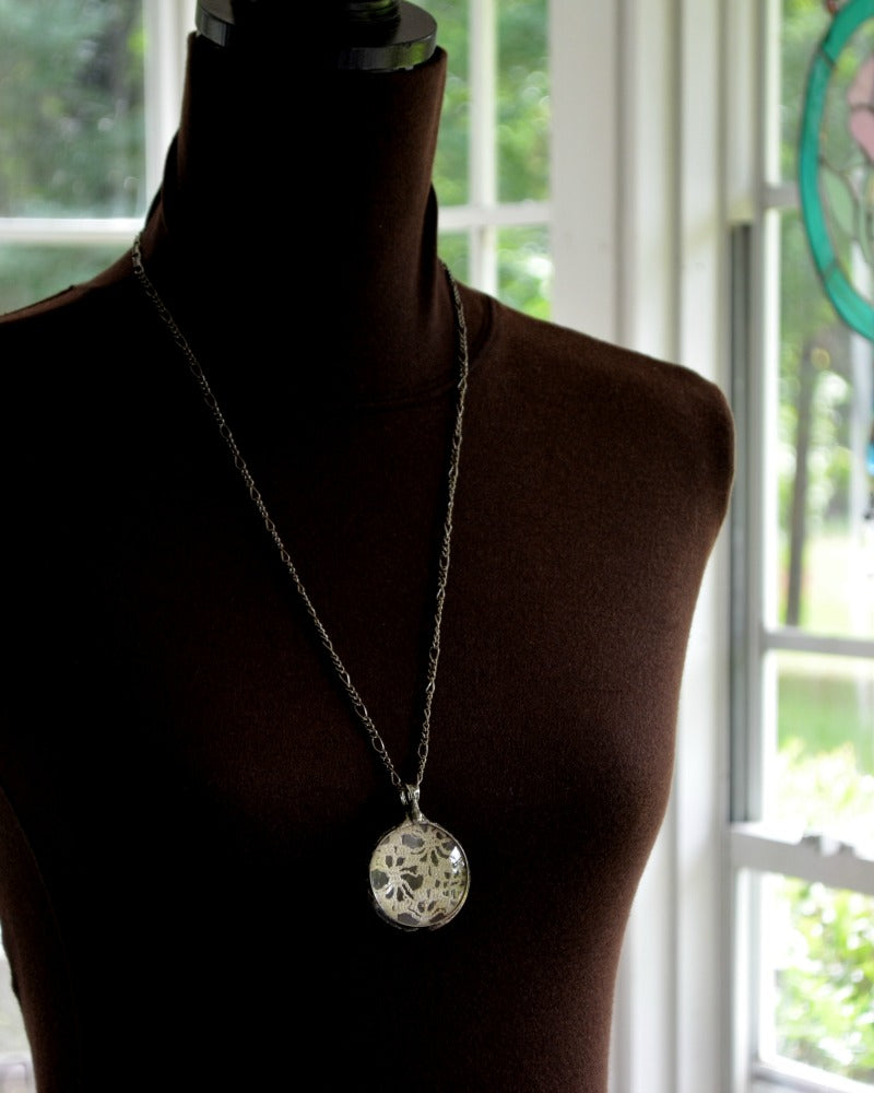 Vintage croceted doily in Glass Pendant. Great for bridesmaids bride gift for 13th wedding anniversary. Truly Hand Made in USA by Louisiana Artisans at Bayou Glass Arts Studio.