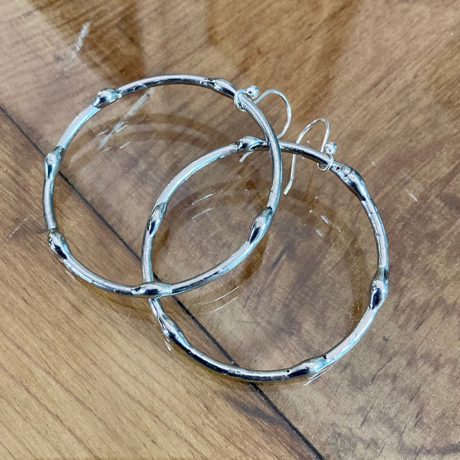 Large Silver Hoop Earrings with silver on silver finish and Sterling Silver Ear Wires. Truly Hand Made in USA by Louisiana Artisan at Bayou Glass Arts Studio.