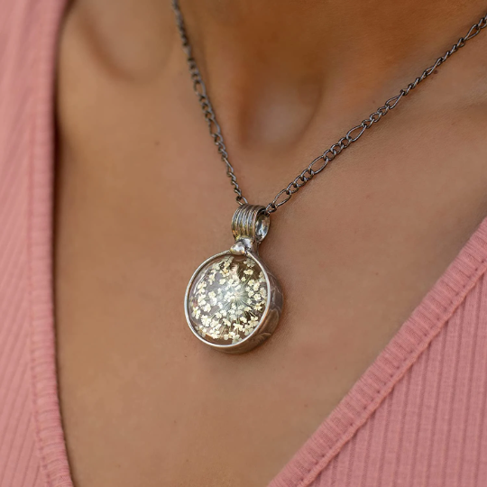 Queen Anne's Lace Pendant in Glass, not resin which can scratch and yellow with age. Truly Hand Made in USA by Louisiana Artisan at Bayou Glass Arts Studio. 