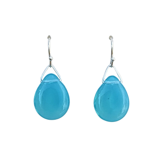 Aqua Blue transparent Glass Drop Earrings with Sterling Silver hand formed Ear Wires and Findings. Truly Hand Made in USA by Louisiana Artisan at Bayou Glass Arts. Perfect gift for her birthday.