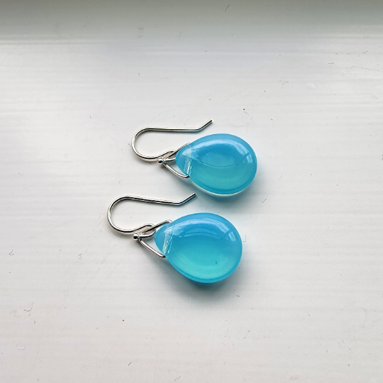 Aqua Blue transparent Glass Drop Earrings with Sterling Silver hand formed Ear Wires and Findings. Truly Hand Made in USA by Louisiana Artisan at Bayou Glass Arts. Perfect gift for daughter.