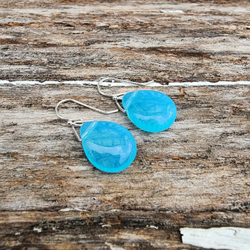 Aqua Blue transparent Glass Drop Earrings with Sterling Silver hand formed Ear Wires and Findings. Truly Hand Made in USA by Louisiana Artisan at Bayou Glass Arts. Perfect gift for Mom.