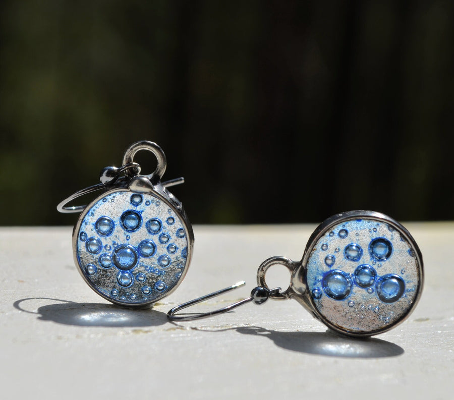 Blue bubbles fused in glass dots earrings, sterling silver ear wires. Truly Handmade in USA by Louisiana Artisan at Bayou Glass Arts Studio.