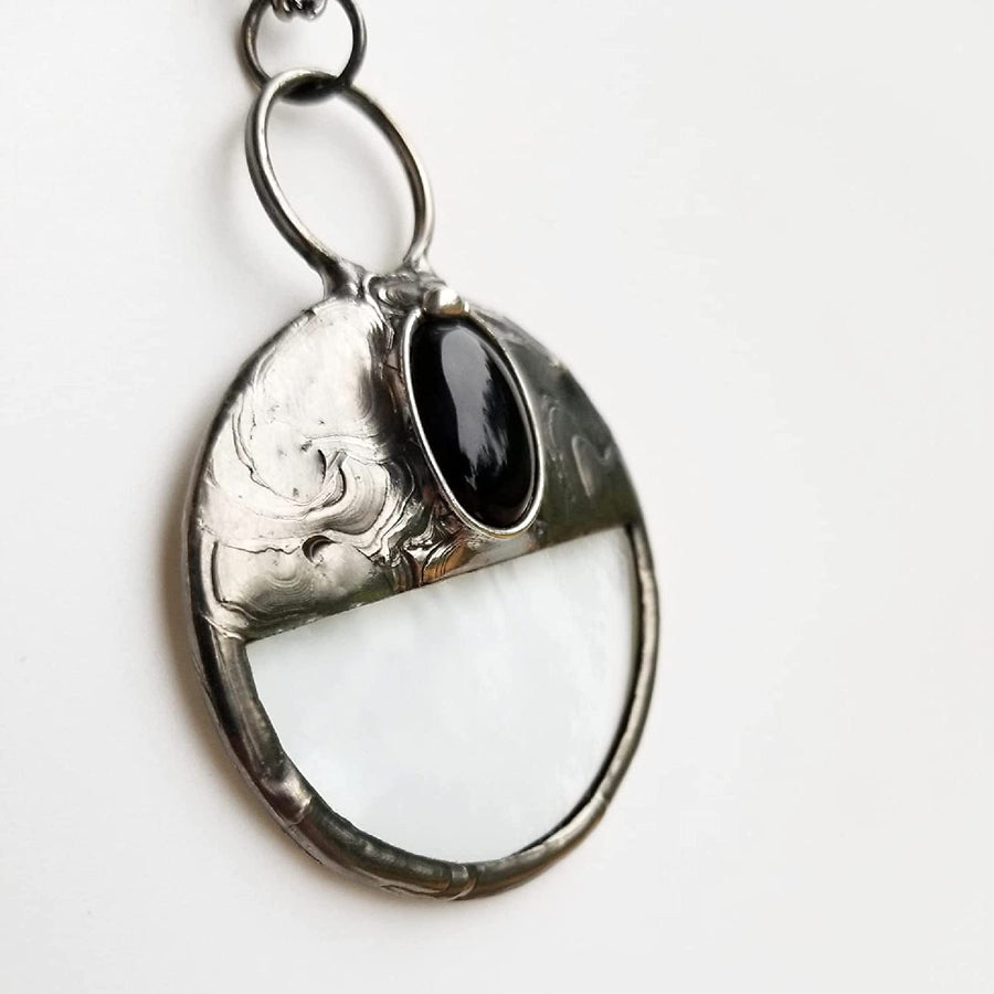 Handmade Magnifier Pendant with Black obsidian oval inset. Designed and Handmade in USA by Louisiana Artisan at Bayou Glass Arts Studio. Gift for Mom Grandma Retiree Birthday