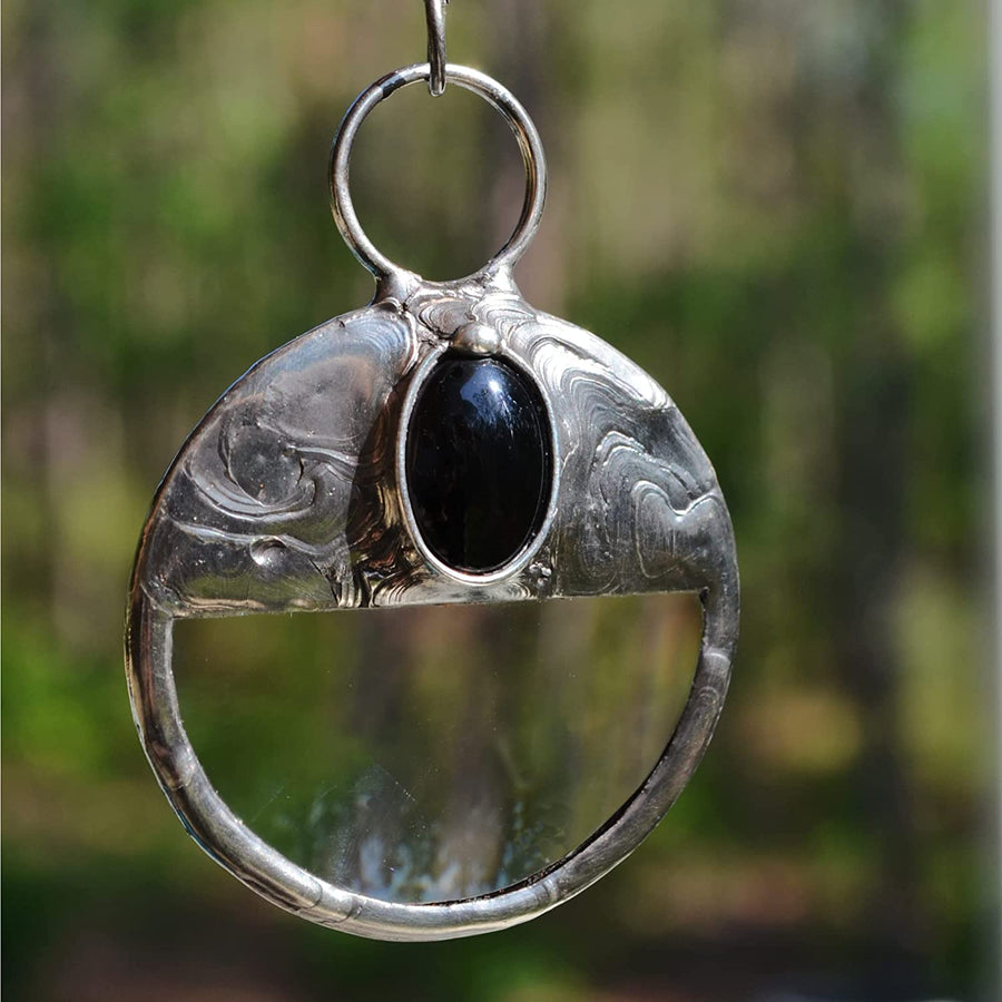 Handmade Magnifier Pendant with Black obsidian oval inset. Designed and Handmade in USA by Louisiana Artisan at Bayou Glass Arts Studio. Gift for Mom Grandma Retiree Birthday