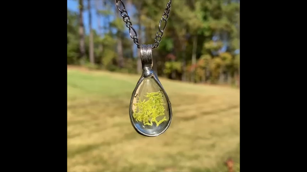 Handmade teardrop shaped glass pendant necklace with green moss under glass. Hand Made in USA by Louisiana Artisan at Bayou Glass Arts studio. Terrarium jewelry